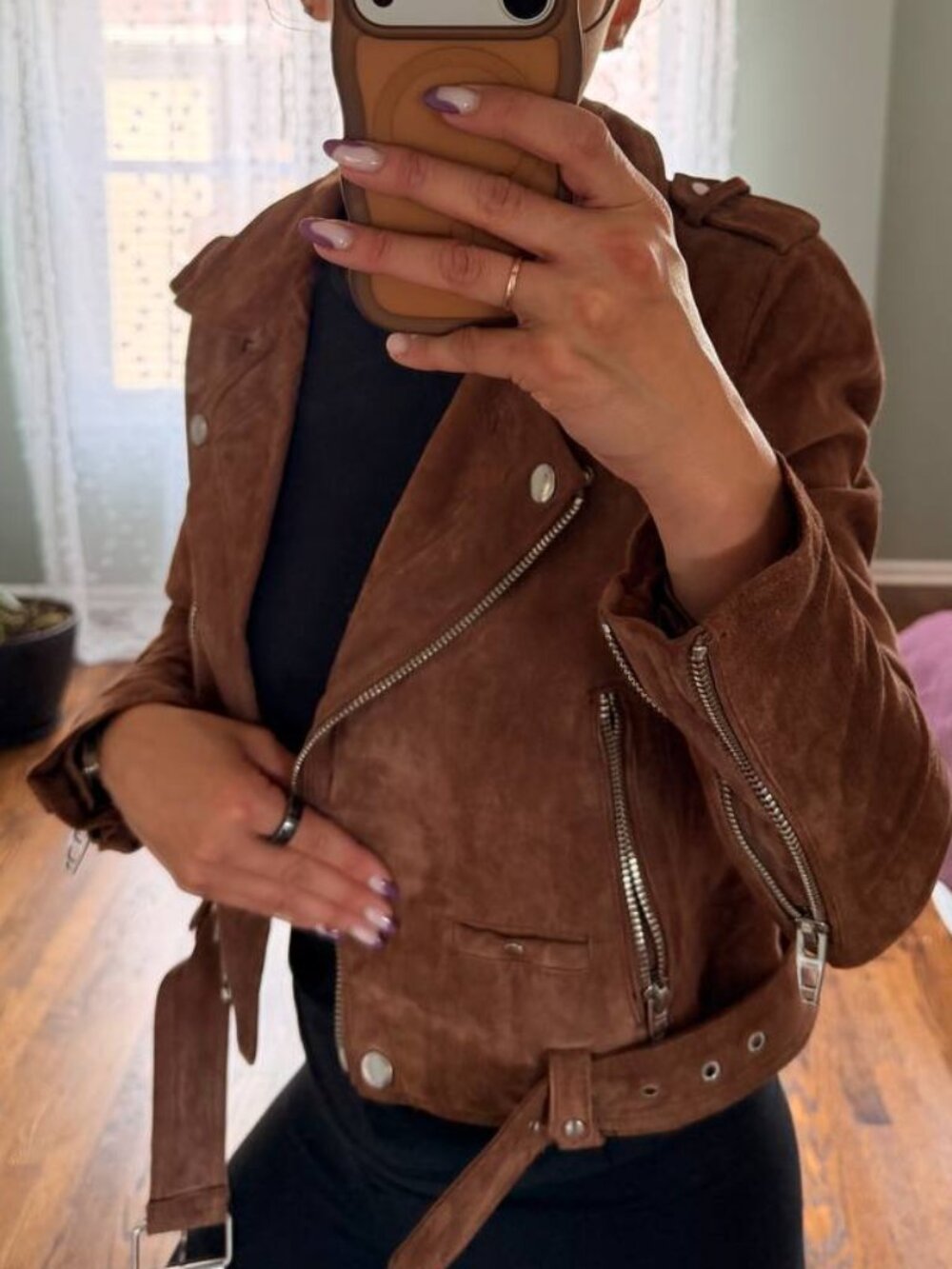 BLANKNYC Suede Leather Moto Jacket in Cinnamon Brown